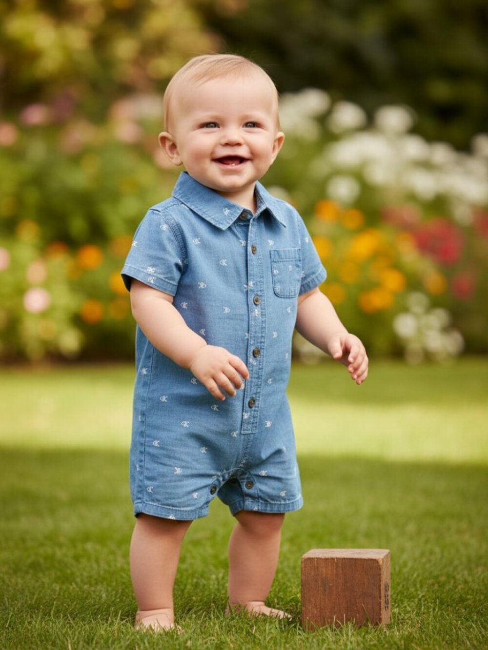 NWT Calvin Klein Baby Boy Chambray Romper 12M Short Sleeve